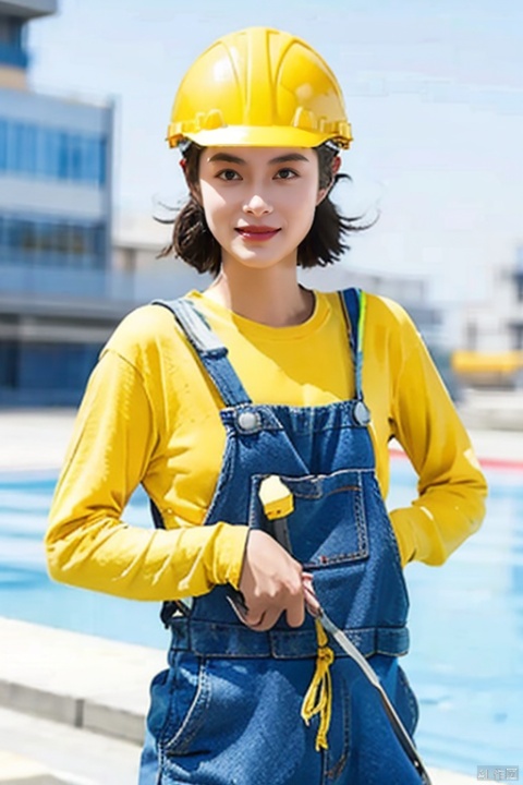  A worker, wearing blue overalls and a yellow helmet