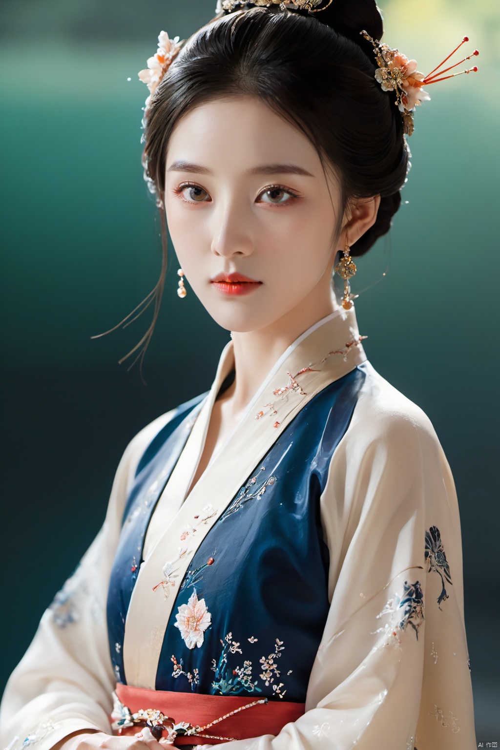 1.3, Masterpiece, Highest Quality, High Resolution, Details: 1.2, 1 Girl, Bun, Hairpin, Beautiful Face, Delicate Eyes, Tassel Earrings, Necklaces, Bracelets, Hanfu, Su Embroidered Hanfu, Streamers, Ribbons, Elegant Stand Posture, Aesthetics, Movie Lighting, Ray Tracing, Depth of Field, Layering,Fluttering, Hanfu, qingsha
Negative Prompt：ugly, tiling, poorly drawn hands, poorly drawn feet, poorly drawn face, out of frame, extra limbs, disfigured, deformed, body out of frame, bad anatomy, watermark, signature, cut off, low contrast, underexposed, overexposed, bad art, beginner, *******, distorted face