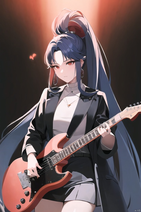  Rock girl, high ponytail, long pink-blue hair, very delicate, very beautiful, very high definition, full-length lens, passion, ((playing red guitar)) rich concert background, black background, cool lighting, master works., jijianchahua, (\shen ming shao nv\)