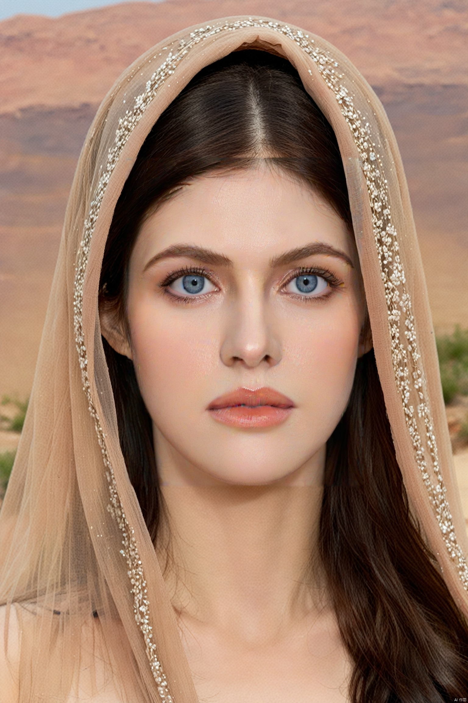 This image shows a close-up of an ethereal-looking young woman with long dark hair falling over her shoulders, blue eyes, her head adorned with a transparent scarf or veil, with the desert in the background, her The complexion was impeccable, with earthy tones on the lids and soft peach on the lips complementing the subtle makeup. She rests her face gently on her hands, exudes calm and poise, wears a burgundy embroidered gown, photo realistic, best quality, super high resolution, extremely detailed eyes and face, full body showing face audience,Alexandra Daddario