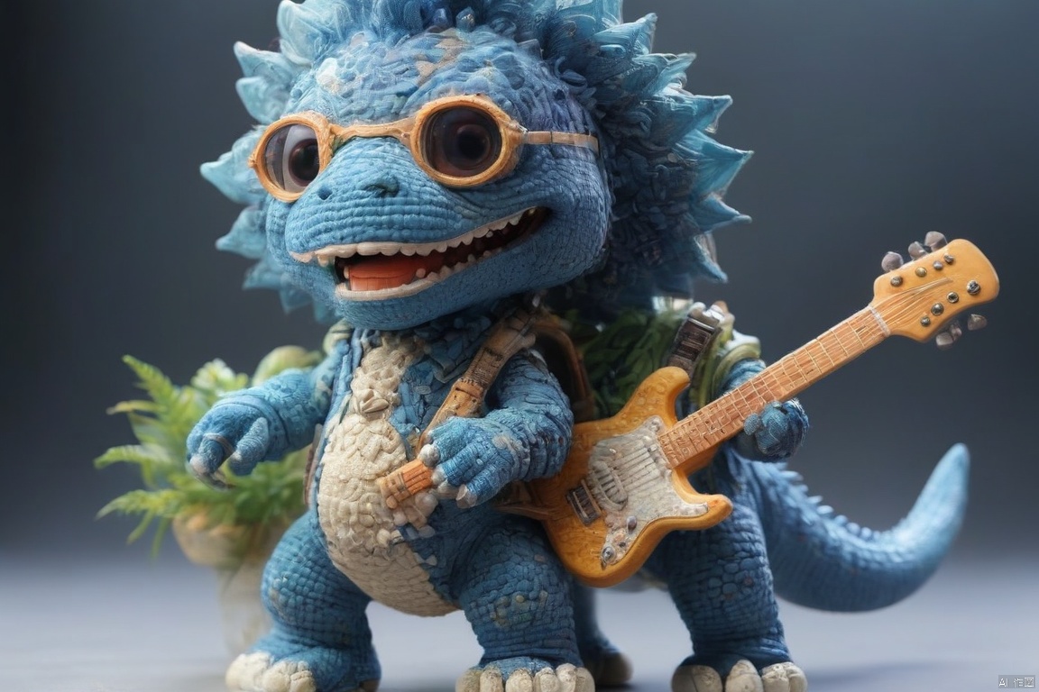  Surreality, a blue Tyrannosaurus Rex, (cute, wearing sunglasses), holding a concert, (playing lute, punk attire), rock music, 3D, C4D, smooth surface, exquisite details, mixed style, Sewing doll, 3DIP