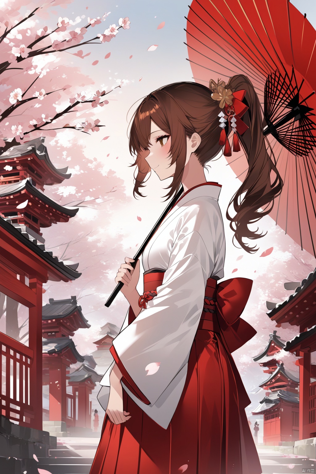  Best-A,[Artist onineko],[[Artist wlop]],illustration,masterpiece,best quality,high quality,best shadow,profile,from side,cowboy shot,day,outdoors,shrine,1girl,brown long hair,hair ribbon,bangs,sidelocks,ponytail with hair ornament,sash,tassel,brown eyes,standing,smile,looking away,closed mouth,hand up,japanese clothes,long sleeves,wide sleeves,miko,red hakama skirt,holding umbrella,oil-paper umbrella,paper lantern,falling petals,cherry blossoms,shimenawa,wind, tr mini style, 3DIP