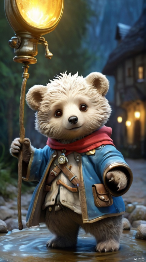  Hyper-detailed painting, Jean-Baptiste Monge style, The cute little brave bear is in the novice village, wearing adventurer clothes, splash, glittering, cute and adorable, filigree, lights, fluffy, magic, surreal, fantasy, digital art, ultra hd, hyper-realistic illustration, vivid colors, UHD, cinematic perfect light, greg rutkowski, 3DIP, tr mini style