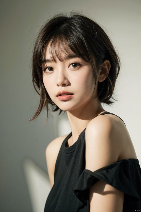  1 girl, looking at the audience alone, Flecks, shadows, short hair, Bangs, brown hair, black hair, bare shoulders, upper body, parted lips, lips, portraits, nose