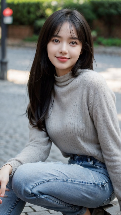  1girl, smiling,Realistic movie lighting,grey turtleneck sweater(((skindentation),(skin tight)),ultradetailed,8K,detailed face,photorealistic,1girl,long hair,solo,fullbody,complex background, look at the viewer, detailedbackground,sweating details,realistic, fullbody,long legs,real,Lacrimal nevus,realism, Delicate glowing skin,masterpiece,bestquality,distant view,depth of field,dynamic perspective,Perfectly proportioned figure,Detailed skin description, black jeans,street,daytime,good weather,Disneyland Park in the background,