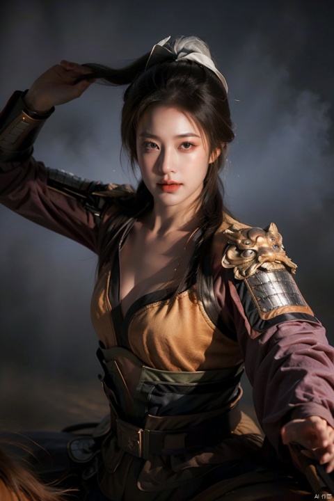  SGZ2, solo, 1girl,1girls,male focus,cowgirl,black armour,long hair, brown eyes, ponytail, serious face,horseback riding,Holding a long sword, looking to viewer,bangs,hero's armour