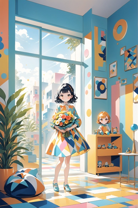  A young girl standing in an interior room, wearing a bright and colorful outfit, holding a bouquet of vibrant flowers. The walls are adorned with abstract geometric patterns, and the floor is covered with colorful carpets. Sunlight streams in through the windows, bringing warmth and vitality to the entire room. High-resolution image, trending on Pinterest, vibrant colors, bold patterns, mid-century modern style, Memphis design, pop art influence, cheerful atmosphere, pastel colors, close-up shot, professional photography, by Kelly Wearstler, Jonathan Adler, David Hicks., sd_mai, 1girl, 3DIP, tr mini style, Sewing doll, Illustration