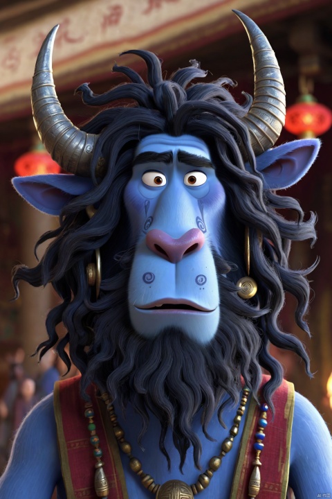  a cartoon character with long hair and horns, vfx movie close-up, Samsara, Hairy arms, Ox, indigo, sing, Tired Character Movie Still, Tall Foreheaded Character, Medium Wide Front Shot, Gypsy, comical, wild hair, snout, Opening Scene, gong, Unkempt, zebu, voodoo decor, Lhasa, Bearded, freeze frame