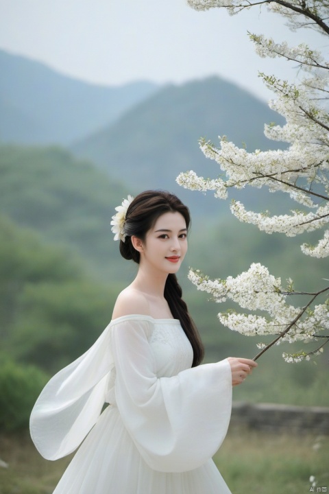  best quality, masterpiece,cowboy_shot,(Good structure),,a girl,xianjing,Off-the-shoulder, bust photo,upper body,Hanfu, Cloud, Smoke,branch,flower, smile,Gaze at the audience, Ink scattering_Chinese style, ((poakl)), ,looking_at_viewer,kind smile, , chinese dress,white dress, liuyifei,long_hair, Anne Hathaway,Monica Bellucci