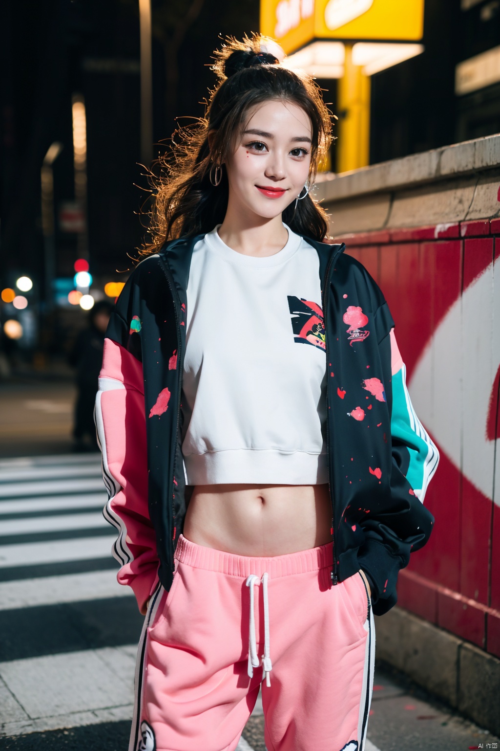  front, illustration, best quality, ultra-detailed, super detailed skin,cute, lovely, extremely detailed,8K,solo,1girl, detailed background,urban, night,dynamic angle,beautiful eyes,blash,smile,(streetwear:1.5),street style ,(emphasis splatter ),splatter,graffiti,spraycan,motion,navel,(croptop:0.8),(ear piercing:0.7),two-tone hair color,(cool),(HDR:1),wind
,(jitome:1.2),perfect hand,active,RETRO ART STYLE, NEON_POP ART STYLE, ART STYLE, hands behind back, yunqing, newspaper