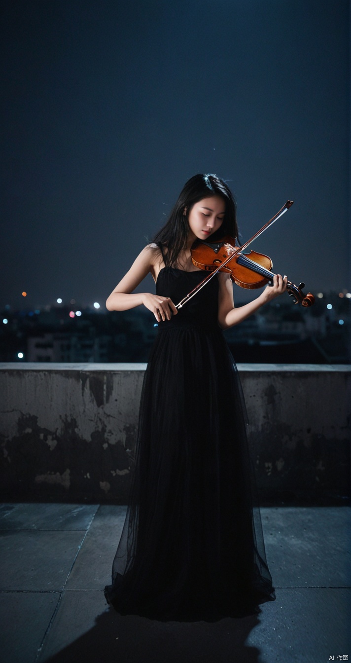  leogirl,a young girl playing the violin on the roof of a building,dark environment,in the dark,deep shadow,a very atmospheric scene,Chinese girl,slender figure,the evening breeze ruffled her hair,long black hair,blurry_foreground,depth of field,Raw photo,light through out from shadowmotion blur.Shaky Camera,flashy,dynamic posedreamy,wind,black theme,film grain,grainy,eyes closed,double exposure,tile shift,(upward perspective:1.3),(full body:1.3),flat roof,venerable roof,a cinematic atmosphere,triangular composition,(look up view:1.3),long black tulle dress,best quality,8k,hazy and beautiful,night,shoot from the bottom up,wide-angle lens,