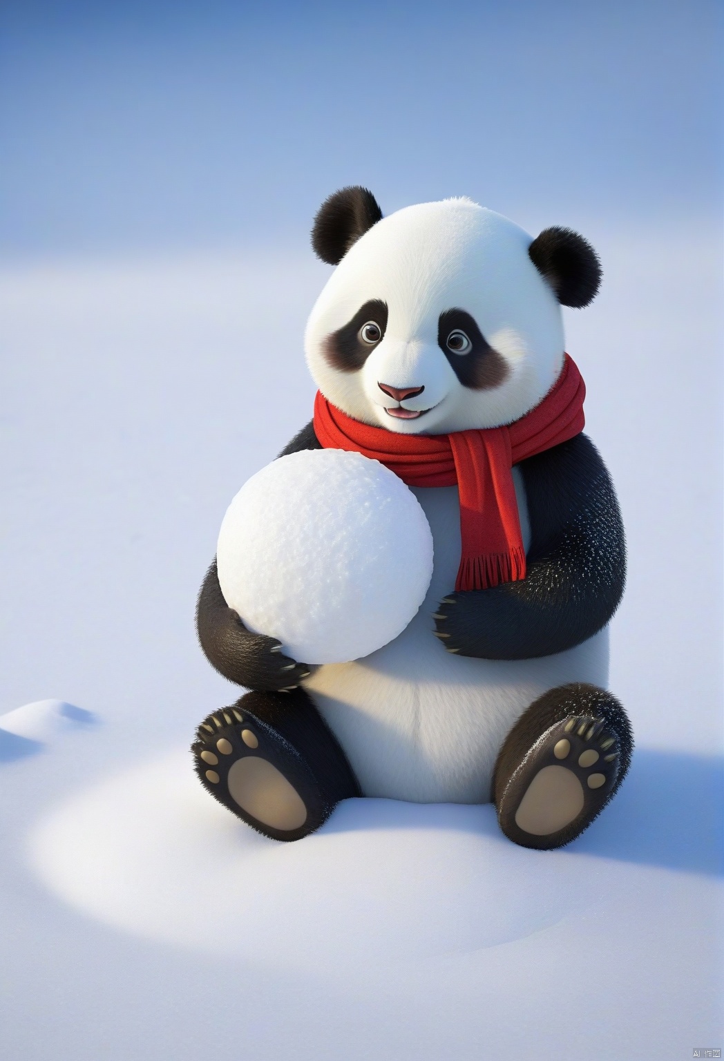  A cute cartoon panda sits in the snow, wearing a red scarf and holding a big snowball, ready to have a snowball fight with friends.