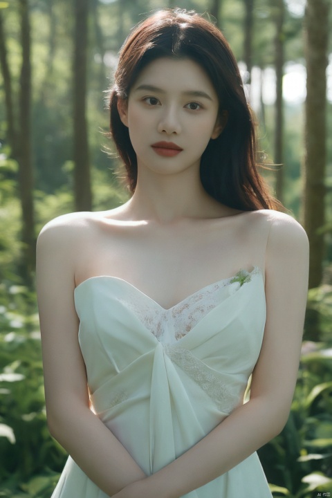  (realistic), (hyperrealism),best quality, masterpiece,ultra high res, (photorealistic:1.4),1girl,pale skin,skinny,(looking at viewer:2), ,forest, flowers, sunlight,
 , (tattered) wedding dress , bare shoulders, upper body,