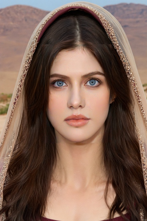 This image shows a close-up of an ethereal-looking young woman with long dark hair falling over her shoulders, blue eyes, her head adorned with a transparent scarf or veil, with the desert in the background, her The complexion was impeccable, with earthy tones on the lids and soft peach on the lips complementing the subtle makeup. She rests her face gently on her hands, exudes calm and poise, wears a burgundy embroidered gown, photo realistic, best quality, super high resolution, extremely detailed eyes and face, full body showing face audience,Alexandra Daddario