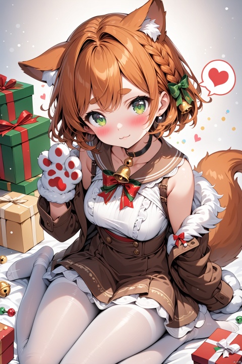  (masterpiece),(best quality),illustration,ultra detailed,hdr,Depth of field,(colorful),1girl, pantyhose, white pantyhose, animal ears, solo, gift, green eyes, bell, fur trim, white background, braid, breasts, sitting, no shoes, gift box, food, blush, frills, tail, looking at viewer, brown jacket, off shoulder, orange hair, thick eyebrows, box, simple background, heart, gloves, choker, jacket, closed mouth, neck bell, dress, sailor collar, brown skirt, medium breasts, brown sailor collar, long sleeves, short hair, bow, christmas, bare shoulders, brown dress, skirt, wariza, animal hands, candy, open clothes, full body, black choker, shirt, high-waist skirt, jingle bell, :3, hair intakes, spoken heart, white shirt, , , , , tr mini style, 3DIP