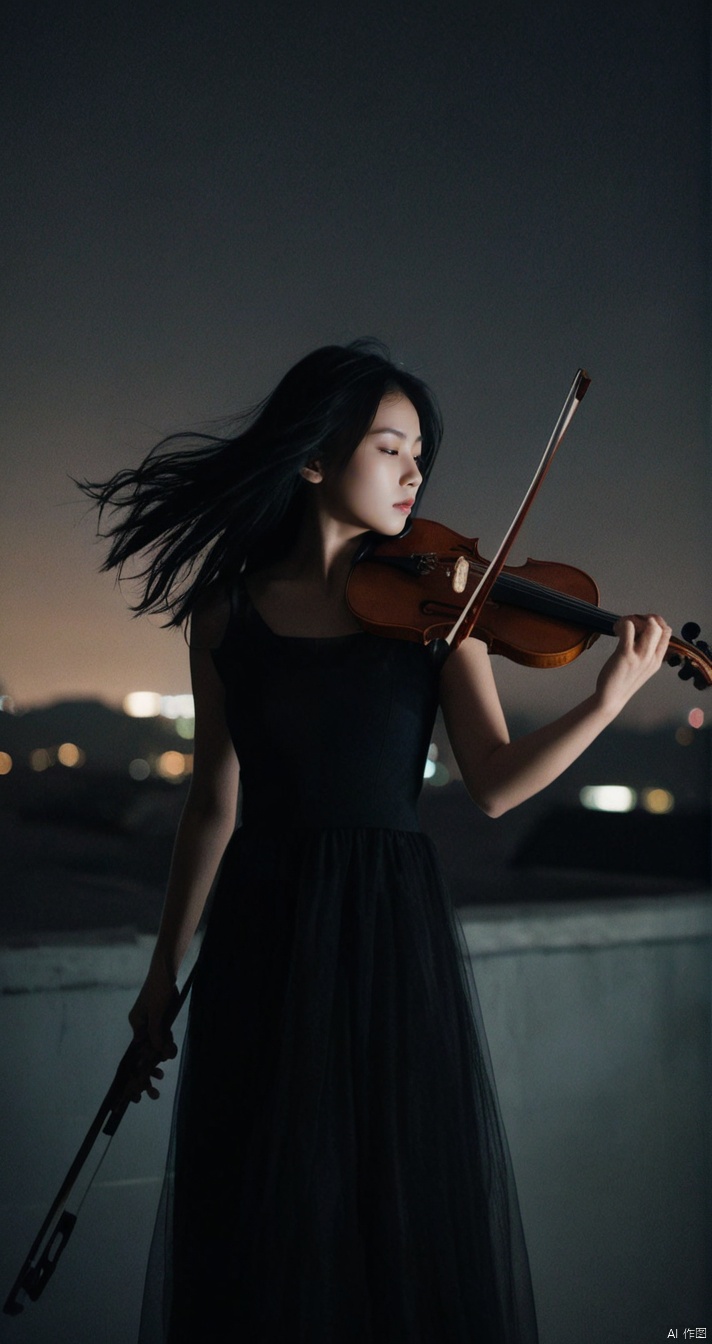  leogirl,a young girl playing the violin on the roof of a building,dark environment,in the dark,deep shadow,a very atmospheric scene,Chinese girl,slender figure,the evening breeze ruffled her hair,long black hair,blurry_foreground,depth of field,Raw photo,light through out from shadowmotion blur.Shaky Camera,flashy,dynamic posedreamy,wind,black theme,film grain,grainy,eyes closed,double exposure,tile shift,(upward perspective:1.3),(full body:1.3),flat roof,venerable roof,a cinematic atmosphere,triangular composition,(look up view:1.3),long black tulle dress,best quality,8k,hazy and beautiful,night,shoot from the bottom up,wide-angle lens,