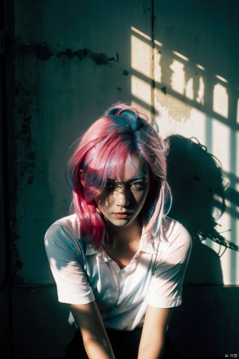  depressed, portrait of 1girl by Bill Henson, depressed, ruins, shadows, dramatic lighting, sunset, contemporary, dark, expressionism, dystopia, industrial,Half bodysliver gradient Short hair,(sliver hair:1.1),(light blue hair:1.1),(pink hair:1.2)