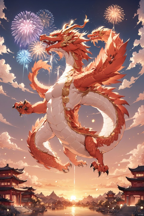  masterpiece, Animal, Chinese dragon, Dragon claw, Ryuu, Flying in the sky, fireworks,Majestic, Fantasy style, Chinese architecture, Sunset, Cloud top, Prosperous, Stars, Peach blossom, textured skin, super detail, best quality