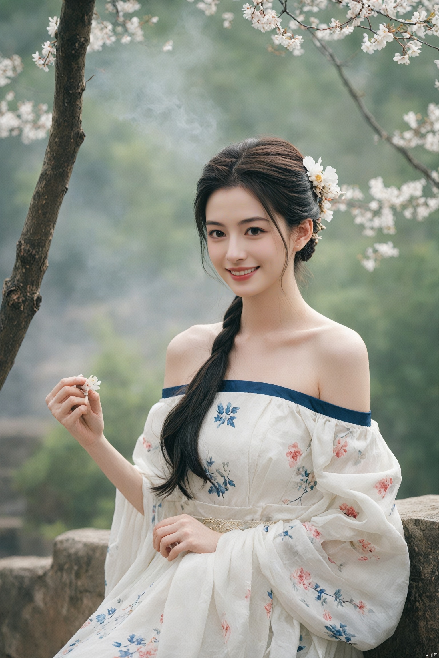  best quality, masterpiece,cowboy_shot,(Good structure),,a girl,xianjing,Off-the-shoulder, bust photo,upper body,Hanfu, Cloud, Smoke,branch,flower, smile,Gaze at the audience, Ink scattering_Chinese style, ((poakl)), ,looking_at_viewer,kind smile, , chinese dress,white dress, liuyifei,long_hair, Anne Hathaway