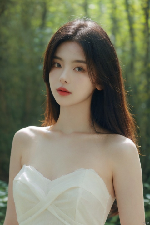  (realistic), (hyperrealism),best quality, masterpiece,ultra high res, (photorealistic:1.4),1girl,pale skin,skinny,(looking at viewer:2), ,forest, flowers, sunlight,
 , (tattered) wedding dress , bare shoulders, upper body,