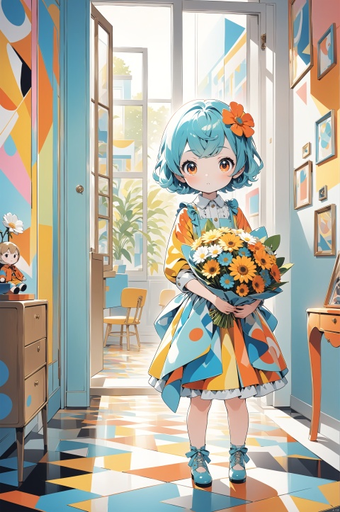  A young girl standing in an interior room, wearing a bright and colorful outfit, holding a bouquet of vibrant flowers. The walls are adorned with abstract geometric patterns, and the floor is covered with colorful carpets. Sunlight streams in through the windows, bringing warmth and vitality to the entire room. High-resolution image, trending on Pinterest, vibrant colors, bold patterns, mid-century modern style, Memphis design, pop art influence, cheerful atmosphere, pastel colors, close-up shot, professional photography, by Kelly Wearstler, Jonathan Adler, David Hicks., sd_mai, 1girl, 3DIP, tr mini style, Sewing doll, Illustration