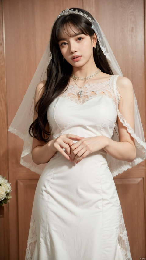  (beautiful, best quality, high quality, masterpiece:1.3)
,solo, solo focus,
huge breasts,Oval face, Water snake waist, big tits,big eye,
(green lace wedding dress:1.39), veil, wedding gloves, holding flowers,Crystal Earring, Crystal Necklace,
(no background),18yo girl, 1girl, Joey Wong