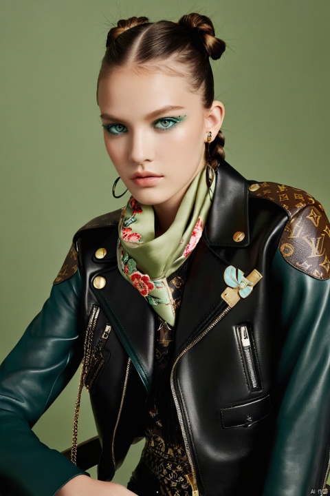  An edgy of a model with sleek ebony twin drill pigtails, kohl-rimmed aquamarine eyes staring intensely, dressed in a black Louis Vuitton motorcycle jacket with embroidered floral accents and silk scarf. Three-point lighting pops against the muted olive background, revealing fashion forward styling and lavish fabric textures.Chinese,cowboy_shot,lyf