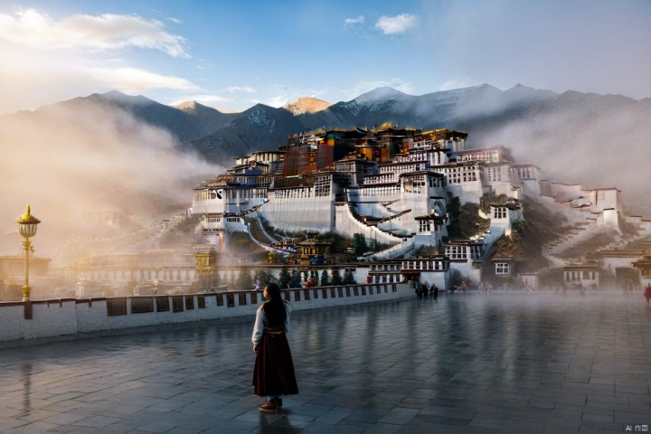  Potala palace,(((masterpiece, best quality))), ((good structure, Good composition, good atomy)), ((clear, original, beautiful)),Lhasa, Potala Palace,1girl,long hair,fantasy,A girl stood,rawphoto, dusk, foggy, magnificent buildings, city streets, potala palace