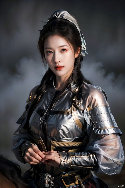  SGZ2, solo, 1girl,1girls,male focus,cowgirl,black armour,long hair, brown eyes, ponytail, serious face,horseback riding,Holding a long sword, looking to viewer,bangs,hero's armour