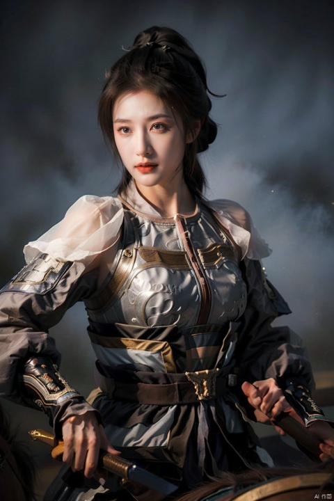  SGZ2, solo, 1girl,1girls,male focus,cowgirl,black armour,long hair, brown eyes, ponytail, serious face,horseback riding,Holding a long sword, looking to viewer,bangs,hero's armour