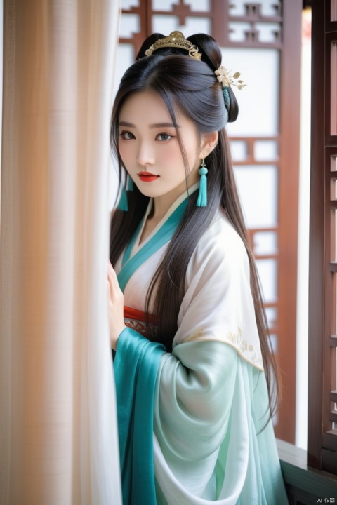 Chinese girl,Cover your face with simlebehind a silk curtain, frontview, half body short.exquisite clothing detail, (Long hair.),  Leave a lot of white space, zen,  graphic,Chinese ancient architecture, hanfu