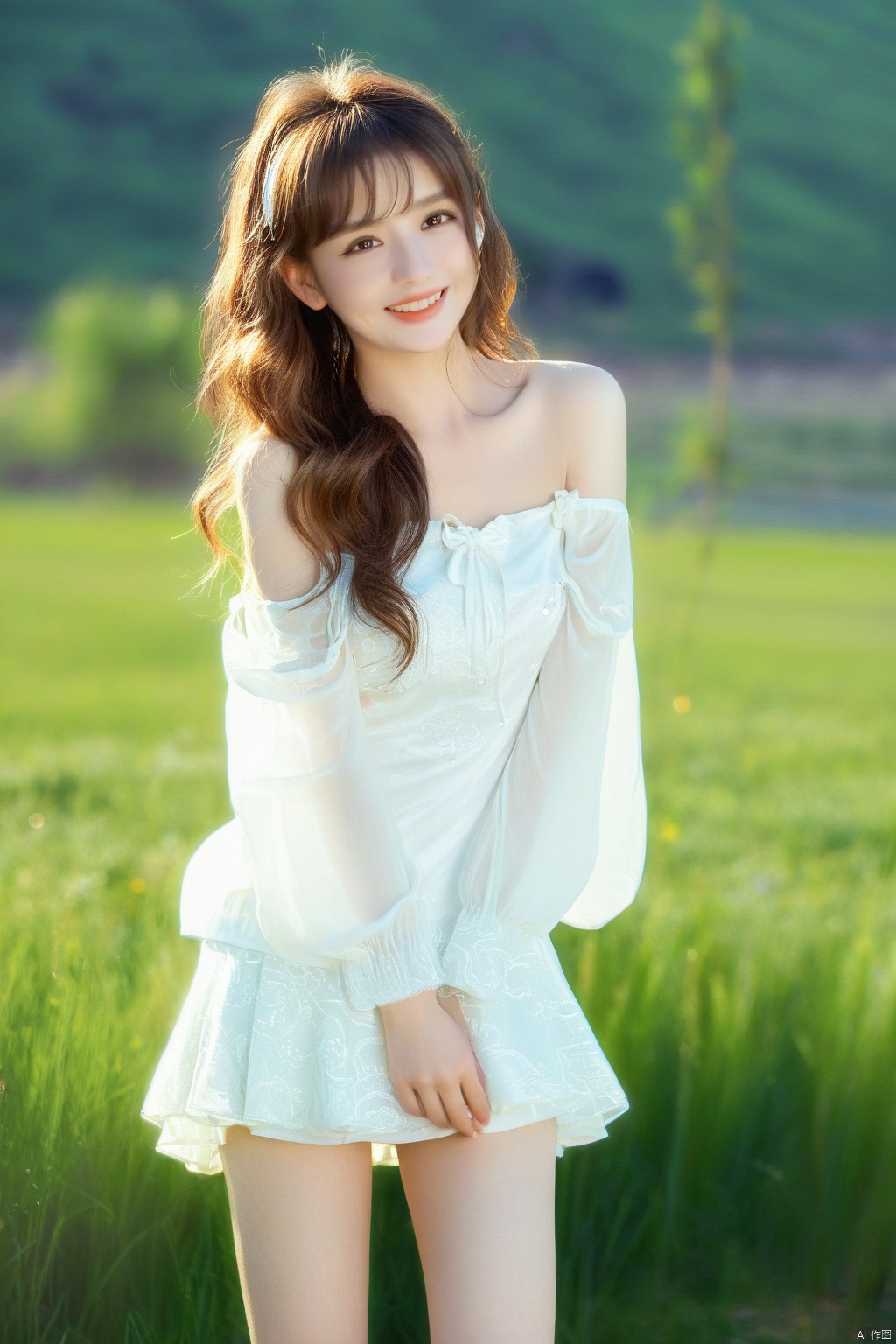 Best quality,HDR,ultra high definition,8K,vivid colors,solo,photo _,(1 girl:1.3),big chest,fair skin,happy smile,brown hair,long hair,wavy curls,air bangs (standing: 1.3) (looking at the audience:1.4),elegant,detailed and gorgeous face,(full body shot:1.2),morning,(grass background:1.2) black eyes,sunlight,mottled sunlight,edge light,sparkling,white clothes,Chinese clothes,short skirts,in spring,cirrus,sky,day,in a meadow,nature,huge filesize,1girl,****, yaya