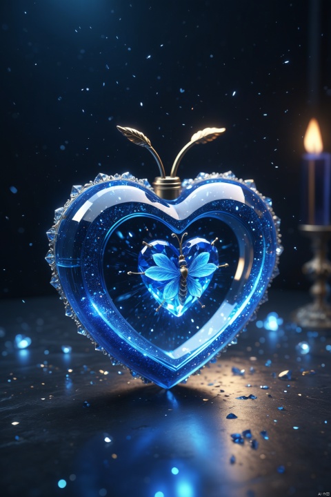  a heart made of crystal glass,blue fire filled with blue firefly,sparks,glitter,grainy,noisy,concept art,Unreal Engine,Post-Production,SFX,Art Station,detailed,intricate,maximalist,elegant,ornate,realistic.,