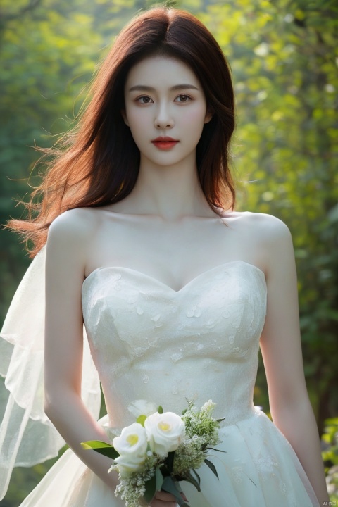  (realistic), (hyperrealism),best quality, masterpiece,ultra high res, (photorealistic:1.4),1girl,pale skin,skinny,(looking at viewer:2), ,forest, flowers, sunlight,
 , (tattered) wedding dress , bare shoulders, upper body,