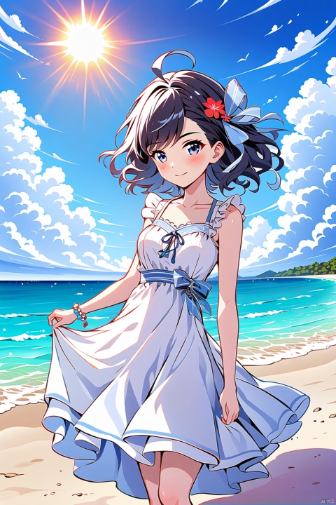  1girl, solo, dress, flower, long_hair, looking_at_viewer, white_dress, bangs, ahoge, short_sleeves, outdoors, closed_mouth, hair_between_eyes, sky, spider_lily, breasts, ribbon, pink_hair, purple_eyes, day, medium_breasts, sailor_dress, cloud, blue_sky, sailor_collar, blurry_foreground, red_flower, blurry, blush, hair_ribbon, bug, jiqing, babata, maolilan, (\MBTI\),maolilan,1girl,long hair,breasts,looking at viewer,smile,blue eyes,brown hair,dress,medium breasts,collarbone,outdoors,sky,cloud,dark skin,water,white dress,blue sky,sleeveless dress,ocean,beach,sand,sun,sundress
, 1 girl, (\shen ming shao nv\), Anne Hathaway, tr mini style