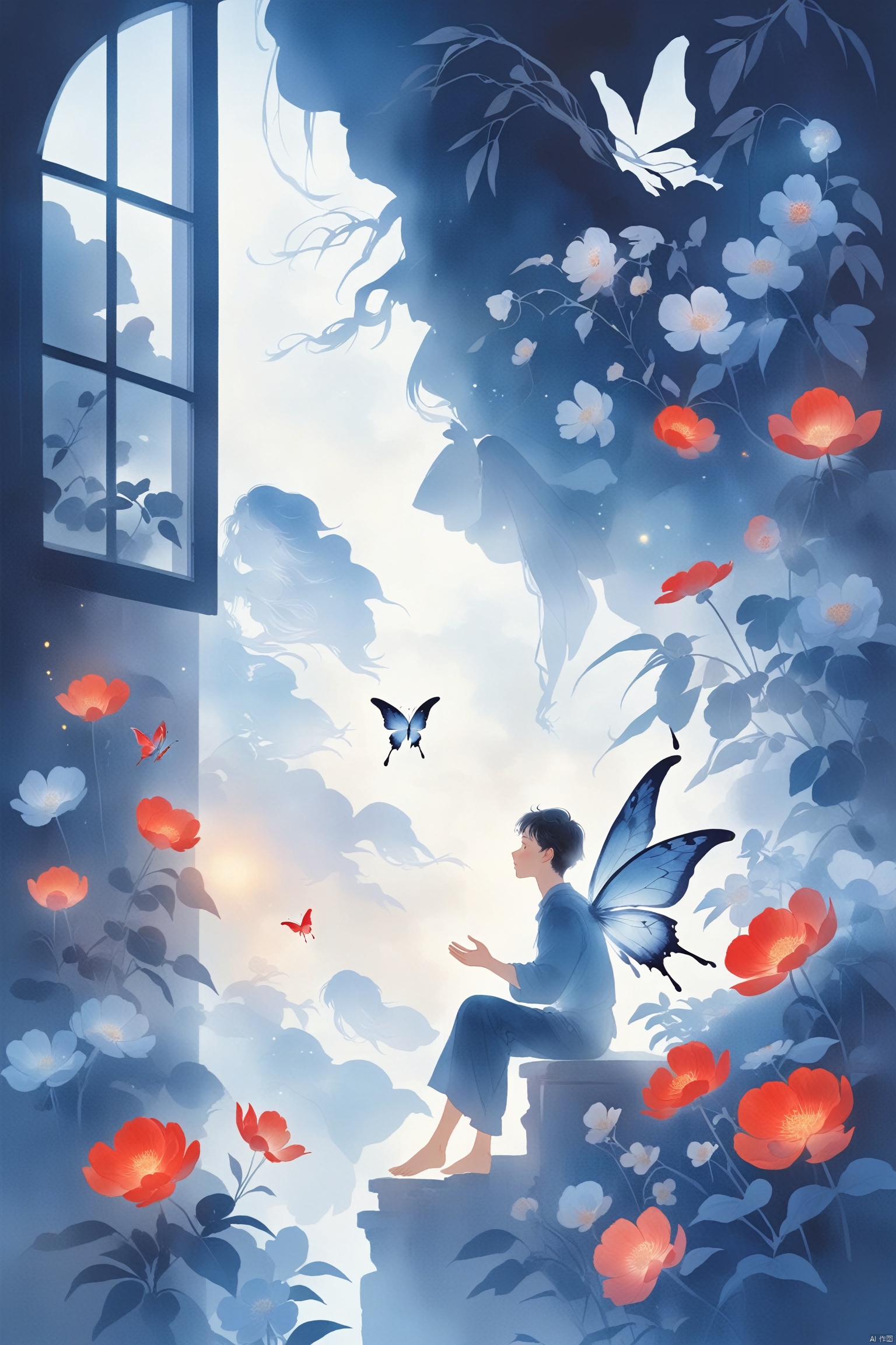 A fairy with wings, sitting on the edge of an open window next to flowers and plants in different colors. The background is a white curtain blowing gently in the style of a strong wind. In front there's another figure wearing red , holding up his hand as if showing something to him. A colorful butterfly flies around them. This scene has soft lighting and a dreamy atmosphere, reminiscent of whimsical children book illustrations or storybook pages. at night