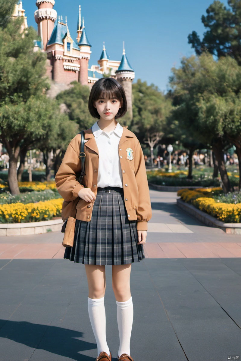  masterpiece,bestquality,realistic,8k,officialart,ultrahighres
,kawaii,cute,school uniforms,1girl,short hair,cowboy shot, white Thigh-high socks,jk,white socks,loafers ,black_footwear,serafuku,outdoors,disneyland,standing,upper body,cowboy shot,brown jacket,plaid skirt,pleated skirt,black loafers,slim legs,perfect body,shapely body,slender,half body