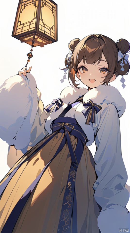  (best quality), ((masterpiece)), (highres), illustration, original, extremely detailed,licg, 1girl, solo, open mouth, brown hair, holding, fur trim, smile, brown eyes, simple background, looking at viewer, bangs, long sleeves, white background, lantern, double bun, holding lantern, ribbon, Illustration