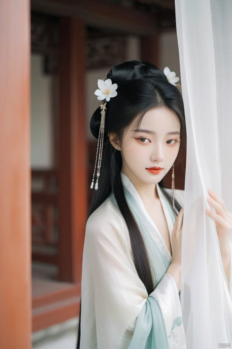 Chinese girl,Cover your face with simlebehind a silk curtain, frontview, half body short.exquisite clothing detail, (Long hair.),  Leave a lot of white space, zen,  graphic,Chinese ancient architecture, hanfu