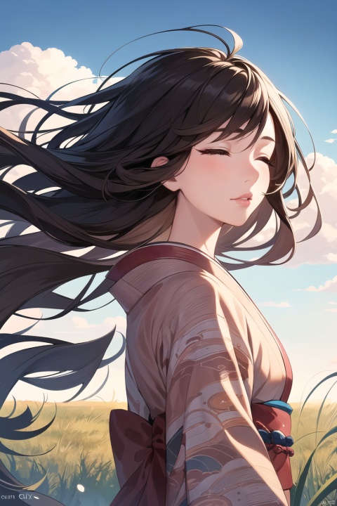 1girl, solo, sky, outdoors, cloud, day, closed eyes, wind, grass, blue sky, lips, closed mouth, nose, black hair, upper body, from side, profile, eyelashes, floating hair, realistic, cloudy sky, brown hair, japanese clothes, long hair, messy hair, kimono, watermark