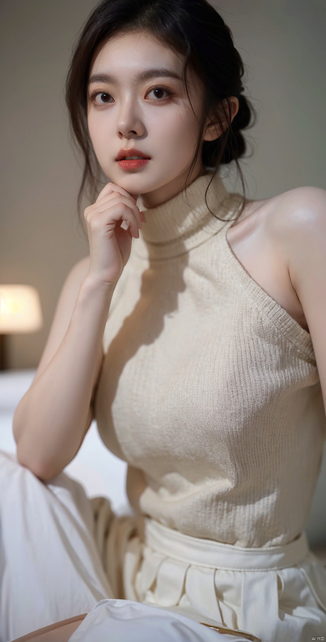 masterpiece, high quality, 8k uhd, realistic, perfect face, beautiful face, sweater, turtleneck, sleeveless, bare shoulder, gorgeous, gorgeous female, beautiful, perfect round breasts, charming, perfect female body, fancy lighting, perfect skin, soft skin