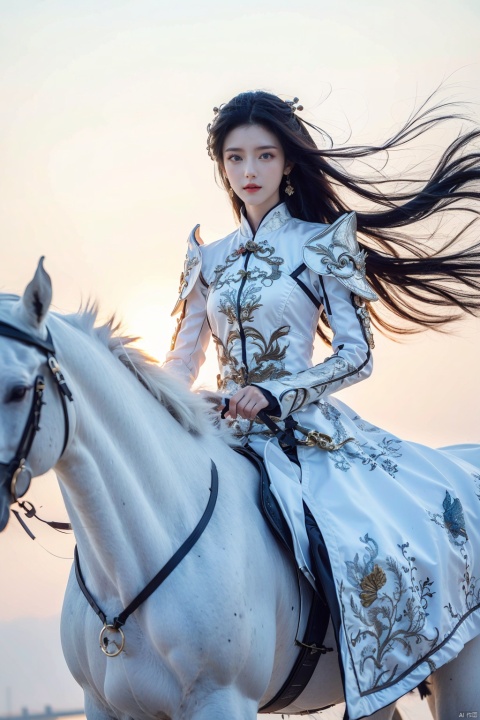  1girl, riding a horse, white armor, jiangli