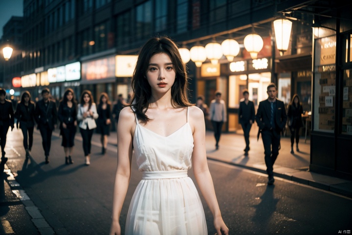  ((Realistic lighting, Best quality, 8K, Masterpiece: 1.3)), Focus: 1.2, 1girl, Perfect Figure: 1.4, Slim Abs: 1.1, ((Dark brown hair)), (White dress: 1.4), (Outdoor, Night: 1.1), City streets, Super fine face, Fine eyes, Double eyelids,

