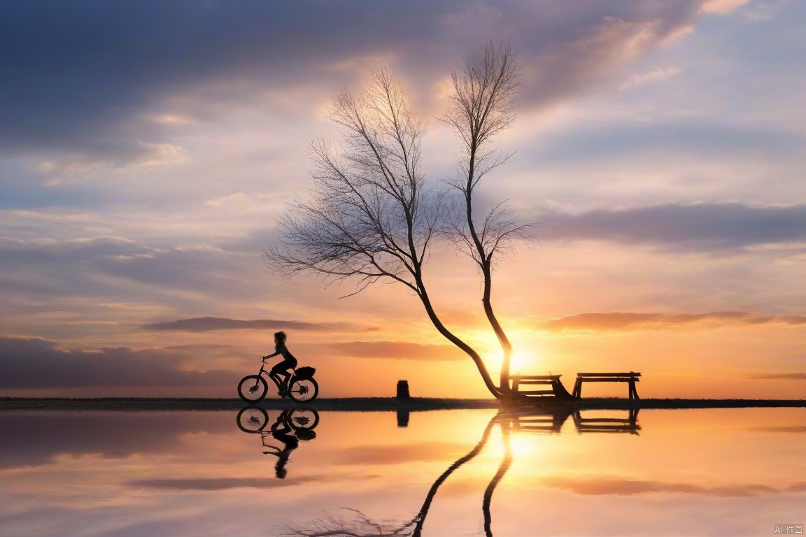 1girl, solo, outdoors, sky, cloud, tree, ground vehicle, scenery, reflection, sunset, sun, riding, bare tree, bicycle