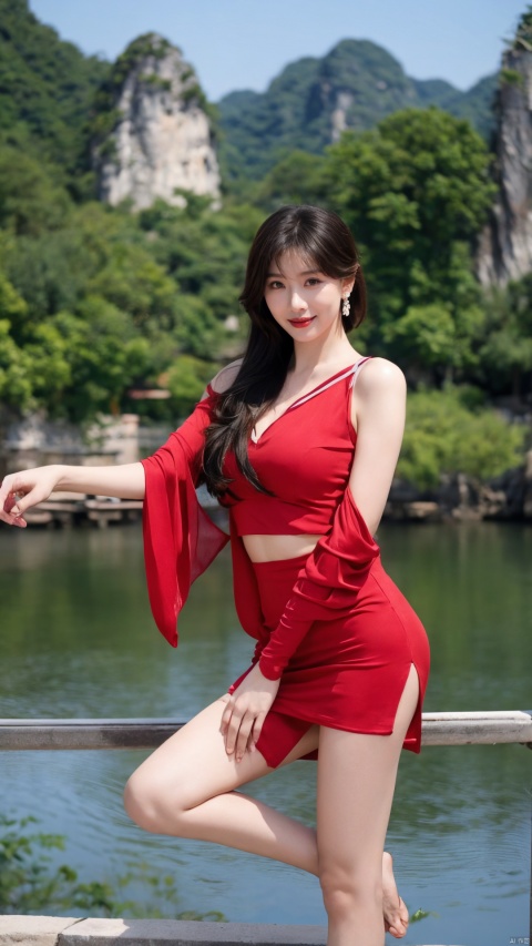  1girls,bangs,beach,black_hair,breasts,brown_eyes,brown_hair,chinese_clothes,day,dress,earrings,hair_ornament,high_heels,jewelry,lips,long_hair,looking_at_viewer,(big_breasts:1.1),multiple_girls,nail_polish,The background is the landscape of Guilin, Guangxi,open_mouth,outdoors,ponytail,short_hair,smile,standing,swept_bangs,toenail_polish,toenails,toes,water, chang, 1girl