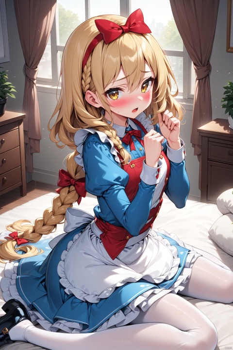  (masterpiece),(best quality),illustration,ultra detailed,hdr,Depth of field,(colorful),nai3 Style, 1girl, solo, kirisame marisa, blonde hair, red hairband, yellow eyes, blush, long hair, braid, pantyhose, white pantyhose, long sleeves, sitting, hairband, dress, blue dress, apron, black footwear, single braid, looking at viewer, hair between eyes, indoors, white apron, juliet sleeves, open mouth, shoes, curtains, bow, wariza, puffy sleeves, red bow, waist apron, alice margatroid, hair bow, on bed, sweatdrop, frills, window, tr mini style, 3DIP