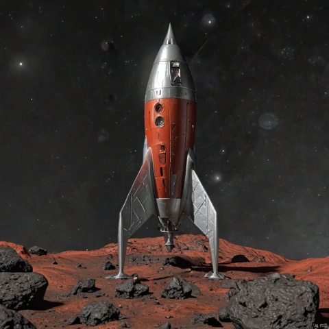  silver retro_rocket on a rocky red alien planet, [CDE_spaceship], black sky with nebula, realistic,