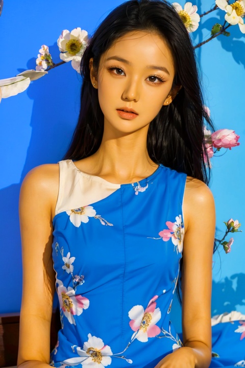  sd_mai, fanhuashijin, 1girl, solo, dress, black hair, flower, aqua dress, blue dress, looking at viewer, floral background, sleeveless, realistic, parted lips, sleeveless dress