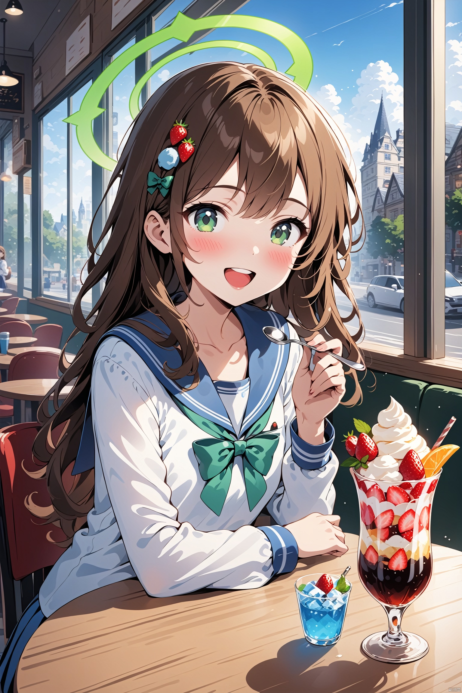  masterpiece,best quality,high quality,(colorful), 1girl, solo, drinking straw, halo, food, parfait, indoors, food-themed hair ornament, school uniform, brown hair, cup, holding, long hair, sailor collar, open mouth, blush, long sleeves, ice cream, hair ornament, restaurant, green eyes, smile, serafuku, window, white shirt, spoon, table, bow, fruit, blue sailor collar, shirt, sitting, upper teeth only, drinking glass, holding spoon, ice, teeth, building, ice cube, green halo, :d, drink, upper body, day, collarbone, strawberry, glass, bowtie, cafe, ice cream float, green bow, tr mini style, Illustration, 3DIP