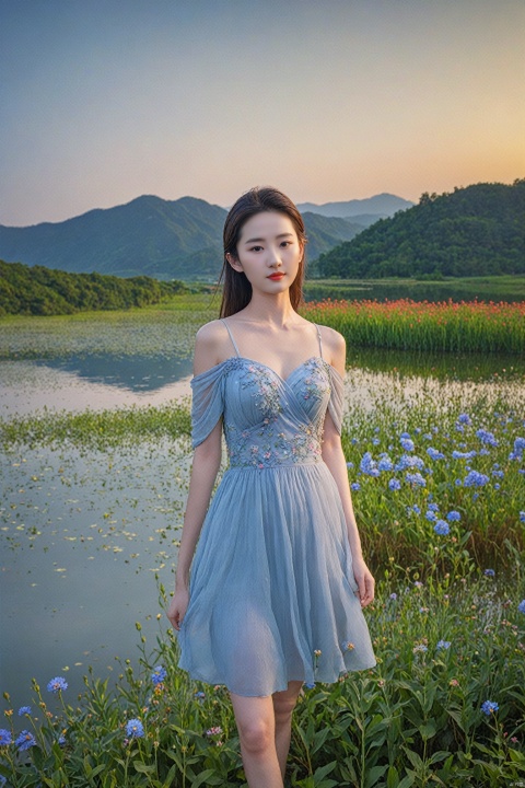 mamianqun,1girl,full body,masterpiece,best quality,outdoor field, flowers, lake in background, 32k uhd,hdr,dtm,cinematic lighting effects,wide shot,wide-angle lens,super vista,super wide angle,exquisite facial features,super delicate face,liuyifei
